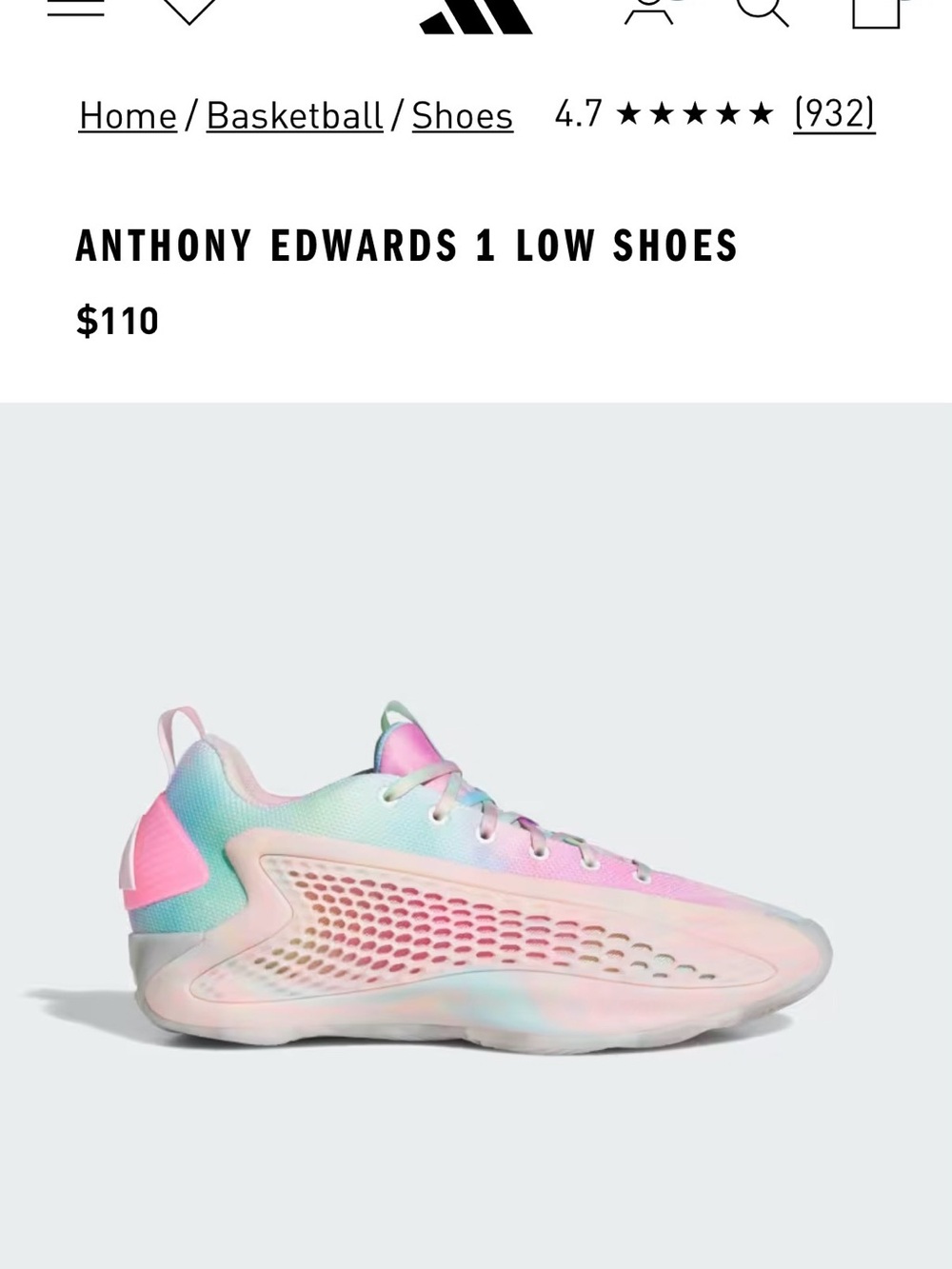 adidas Kids Anthony Edwards 1 Low Sneakers — Pastel Pink & Teal